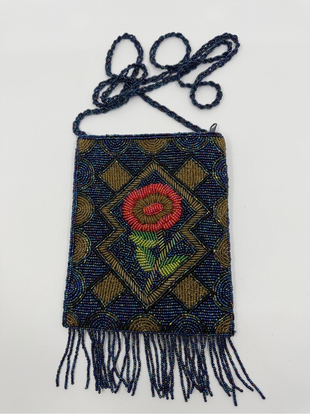 Blue iridescent Beaded Floral Crossbody Bag - Navy with Red Flower